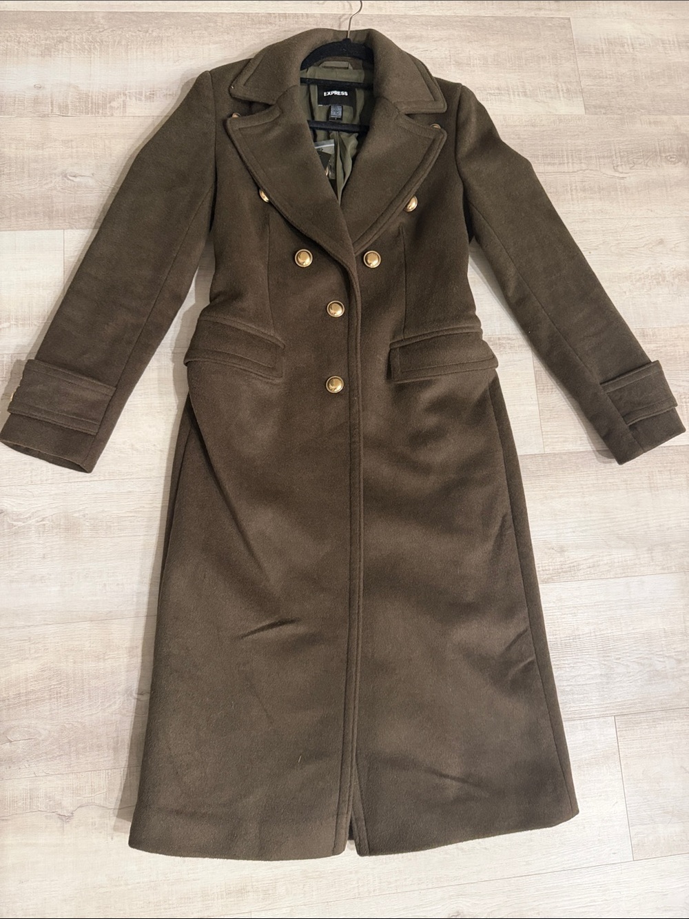 Express Double-Breasted Long Trench Coat in Dark Olive